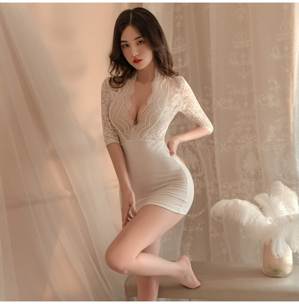 FEE ET MOI - Deep V Lace Sexy Bodycon Secretary Dress (White)